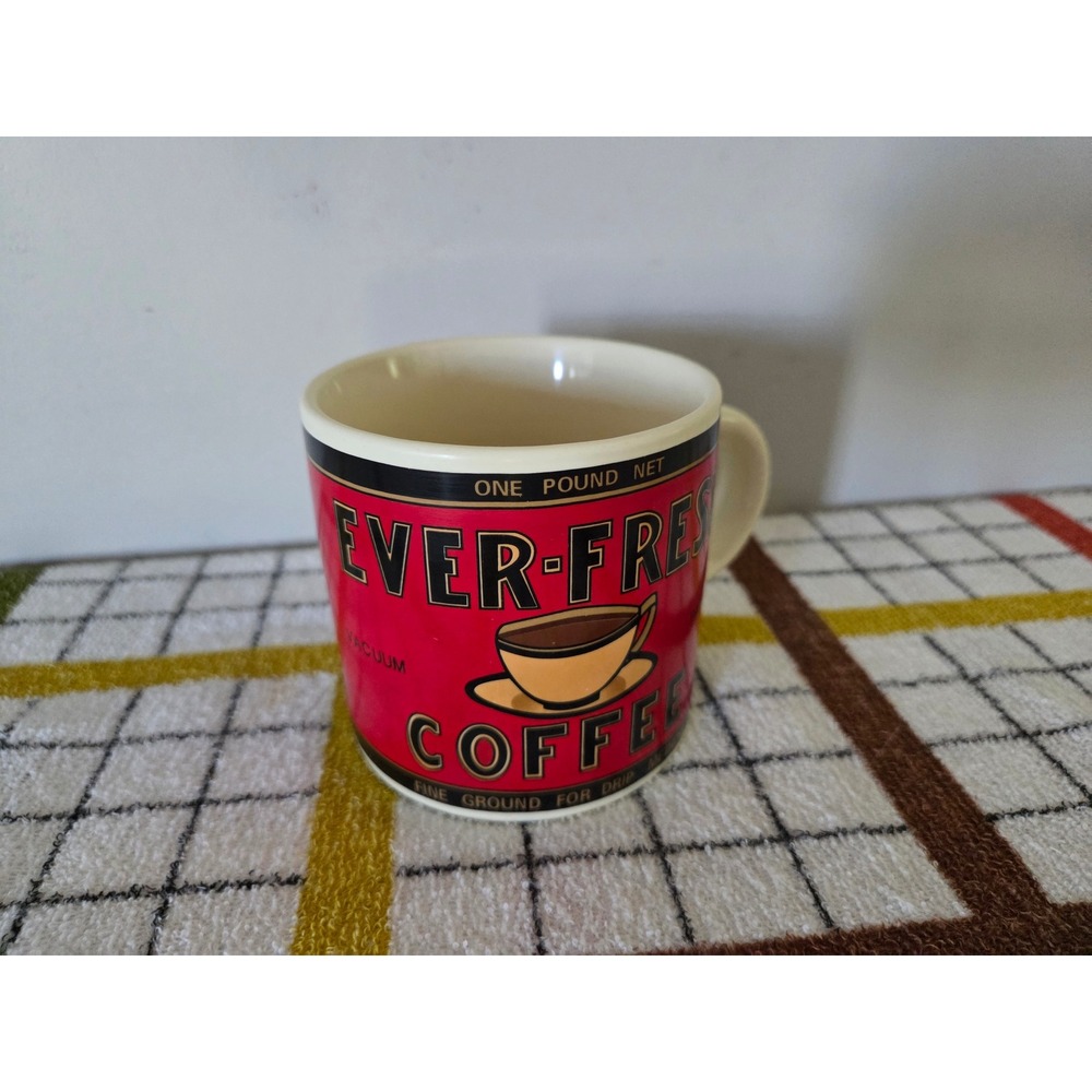 Pier 1 Imports Ever-Fresh Coffee Stoneware Mug Red Vintage Tin Label Style
